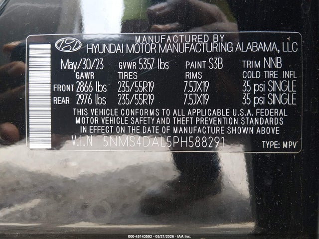 2023 Hyundai Santa Fe Limited მანქანა იყიდება აუქციონზე, vin: 5NMS4DAL5PH588291, აუქციონის ნომერი: 45143592