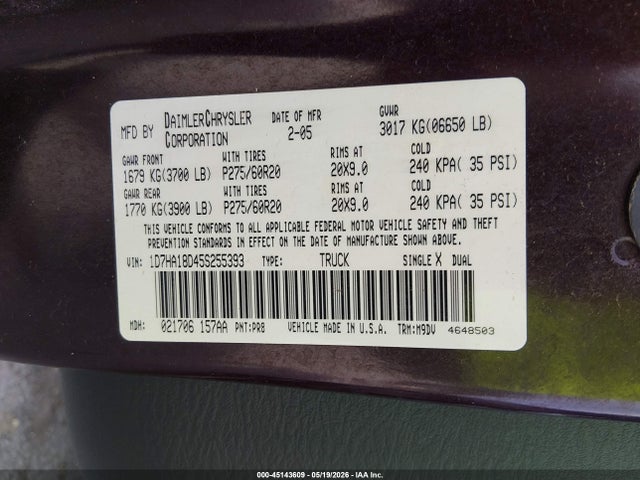 2005 Dodge Ram 1500 Slt/laramie მანქანა იყიდება აუქციონზე, vin: 1D7HA18D45S255393, აუქციონის ნომერი: 45143609