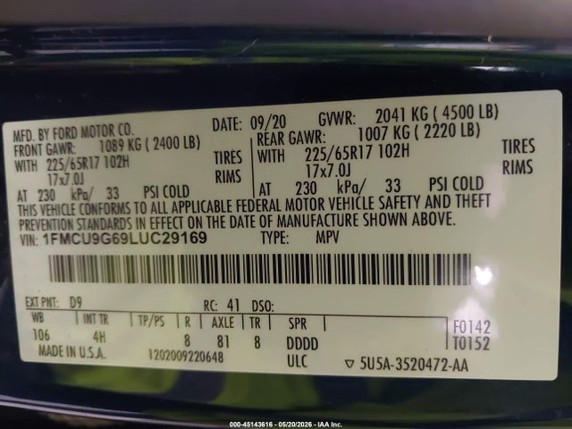 Aukcja sprzedaży 2020 Ford Escape Se, vin: 1FMCU9G69LUC29169, numer aukcji: 45143616