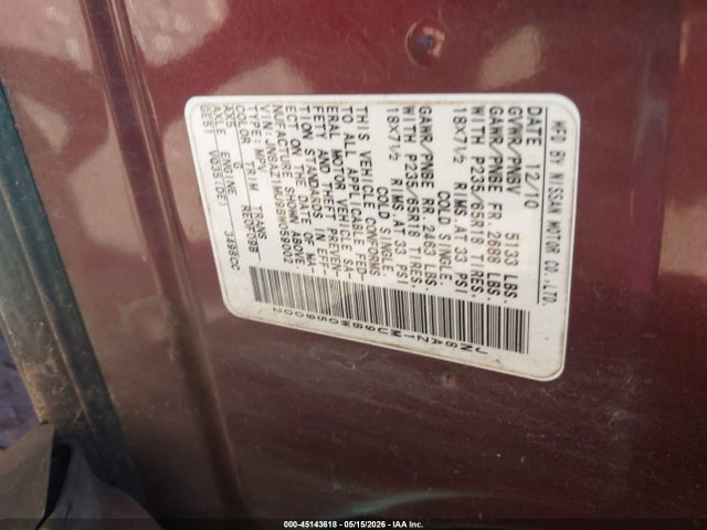 2011 Nissan Murano Sl მანქანა იყიდება აუქციონზე, vin: JN8AZ1MU9BW059002, აუქციონის ნომერი: 45143618