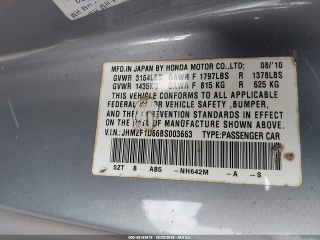 Aukcja sprzedaży 2011 Honda Cr-z Ex, vin: JHMZF1D66BS003663, numer aukcji: 45143619