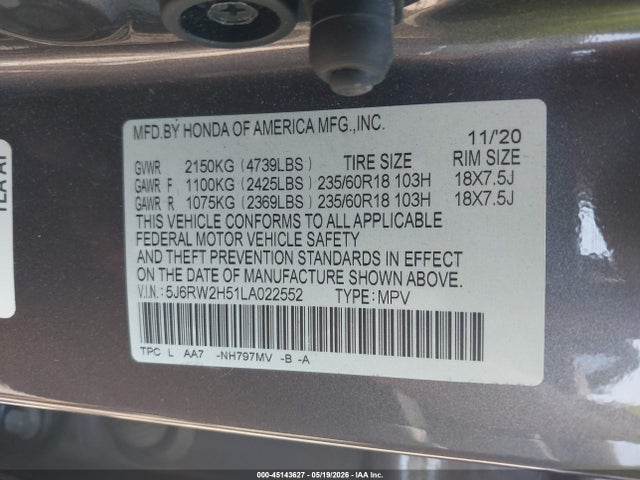 45143627 :رقم المزاد ، 5J6RW2H51LA022552 vin ، 2020 Honda Cr-v Awd Ex مزاد بيع