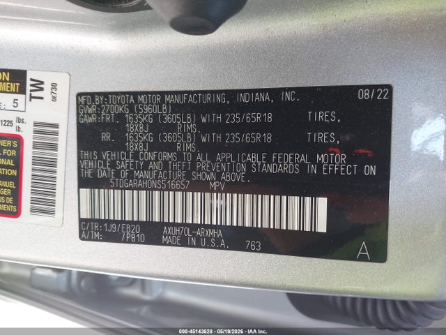 5TDGARAH0NS516657 Toyota Highlander Hybrid Xle