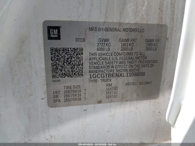 Продаж на аукціоні авто 2020 Chevrolet Colorado 4wd  Short Box Wt, vin: 1GCGTBENXL1108808, номер лоту: 45143630
