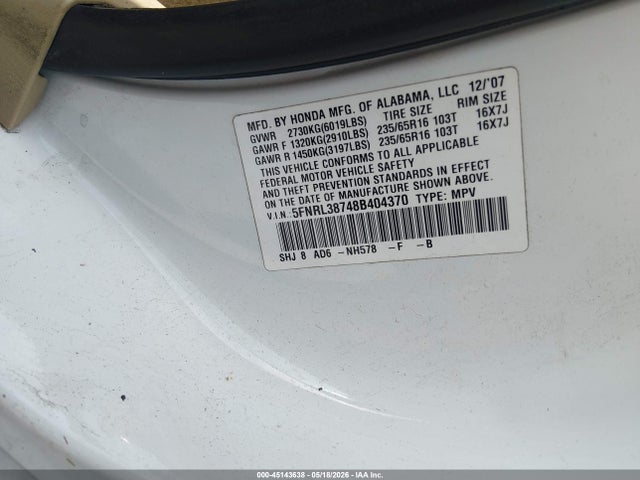 Aukcja sprzedaży 2008 Honda Odyssey Exl, vin: 5FNRL38748B404370, numer aukcji: 45143638