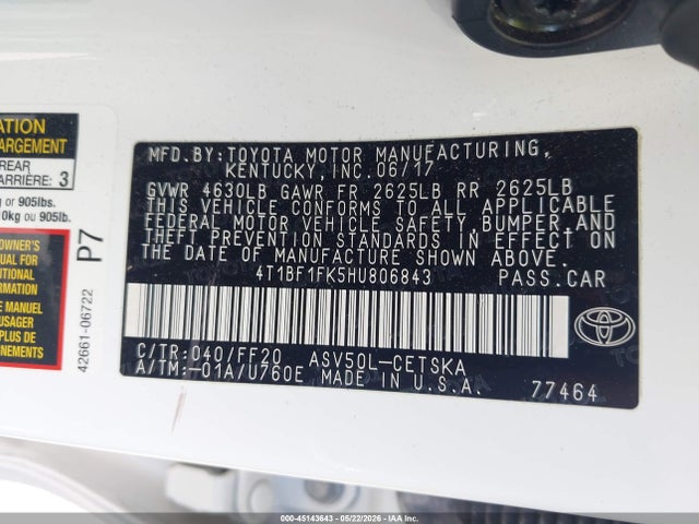 45143643 :رقم المزاد ، 4T1BF1FK5HU806843 vin ، 2017 Toyota Camry Se مزاد بيع