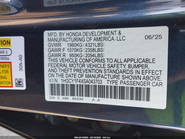 1HGCY1F4XSA043703 Honda ACCORD SE