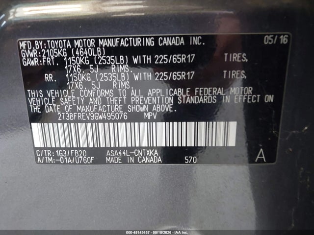 2T3BFREV9GW495076 Toyota RAV4 LE