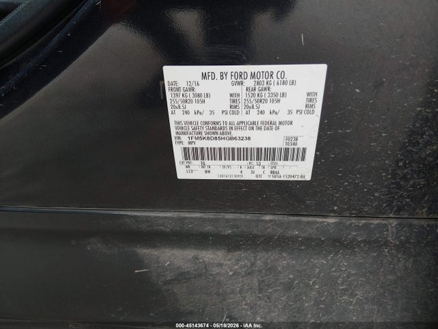 1FM5K8D85HGB63238 Ford EXPLORER XLT
