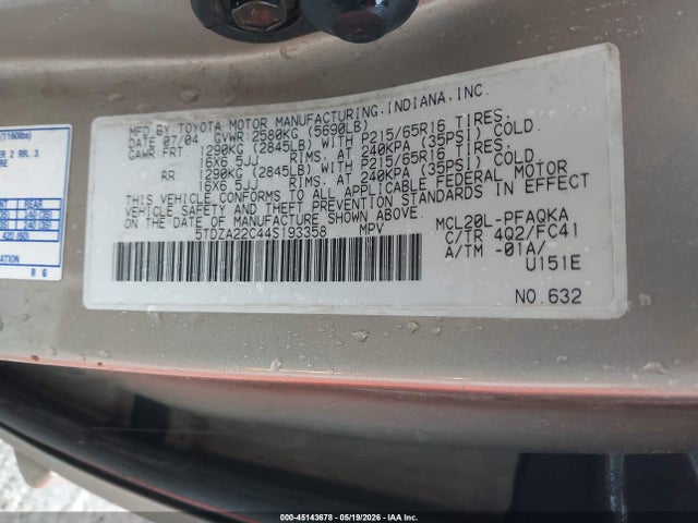 Продаж на аукціоні авто 2004 Toyota Sienna Xle, vin: 5TDZA22C44S193358, номер лоту: 45143678
