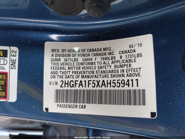 2010 Honda Civic Lx მანქანა იყიდება აუქციონზე, vin: 2HGFA1F5XAH559411, აუქციონის ნომერი: 45143687