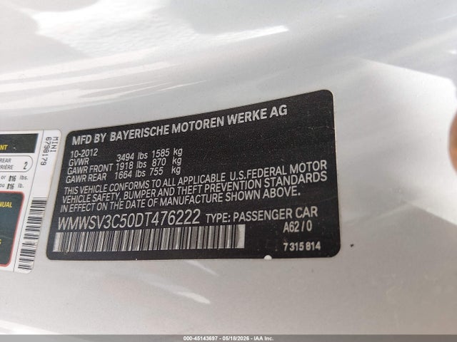 45143697 :رقم المزاد ، WMWSV3C50DT476222 vin ، 2013 Mini Hardtop Cooper S مزاد بيع