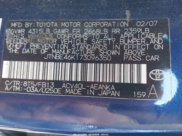 Aukcja sprzedaży 2007 Toyota Camry Le, vin: JTNBE46K173096350, numer aukcji: 45143699