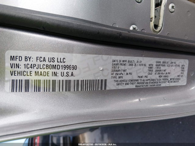 2021 Jeep Cherokee Latitude Fwd მანქანა იყიდება აუქციონზე, vin: 1C4PJLCB0MD199690, აუქციონის ნომერი: 45143700