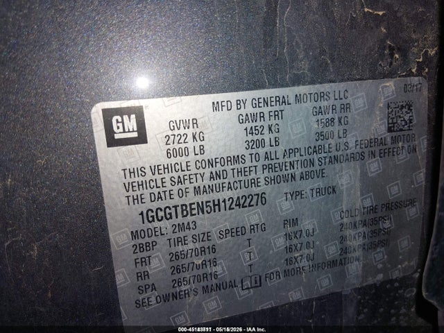 Aukcja sprzedaży 2017 Chevrolet Colorado Wt, vin: 1GCGTBEN5H1242276, numer aukcji: 45143711