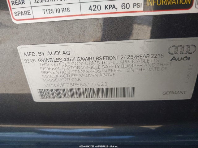 2006 Audi A3 2.0t მანქანა იყიდება აუქციონზე, vin: WAUMF78P56A177623, აუქციონის ნომერი: 45143727