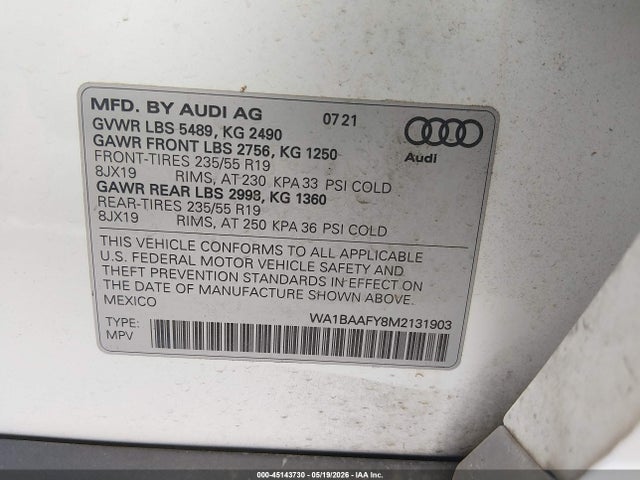 45143730 :رقم المزاد ، WA1BAAFY8M2131903 vin ، 2021 Audi Q5 Premium Plus 45 Tfsi Quattro S Tronic مزاد بيع