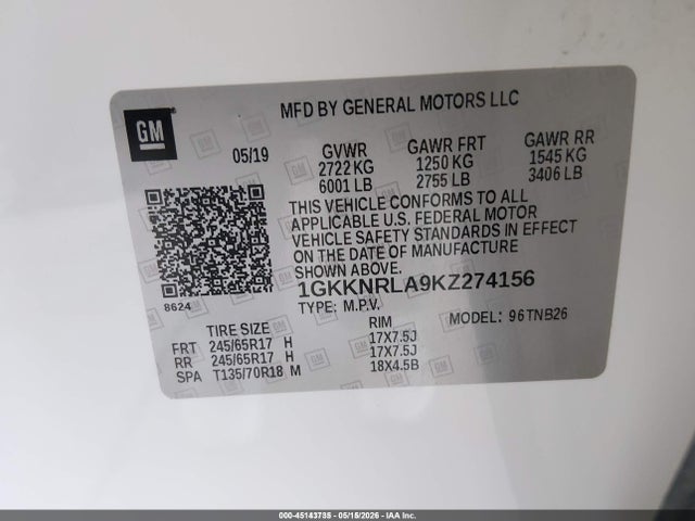 Aukcja sprzedaży 2019 Gmc Acadia Sle-1, vin: 1GKKNRLA9KZ274156, numer aukcji: 45143735