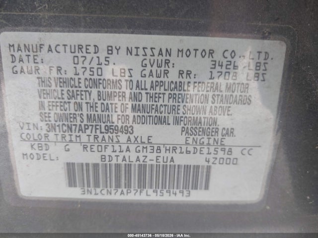 Продажа на аукционе авто 2015 Nissan Versa 1.6 S+, vin: 3N1CN7AP7FL959493, номер лота: 45143736