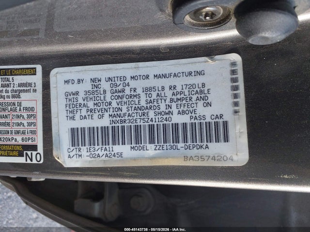 45143738 :رقم المزاد ، 1NXBR32E75Z411240 vin ، 2005 Toyota Corolla Ce/le/s مزاد بيع