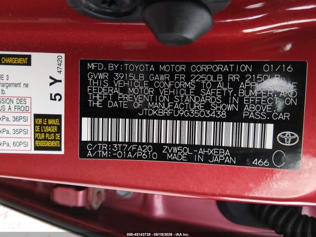 Toyota Prius Two 2016 JTDKBRFU9G3503438 Image 9