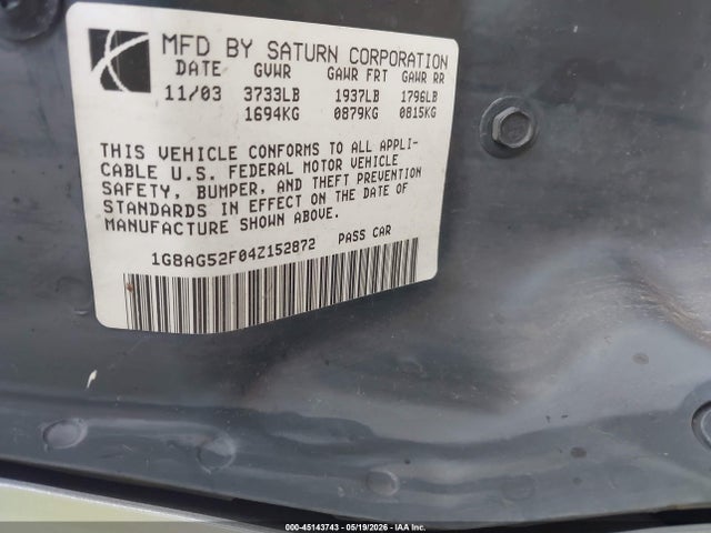 45143743 :رقم المزاد ، 1G8AG52F04Z152872 vin ، 2004 Saturn Ion Level 1 مزاد بيع