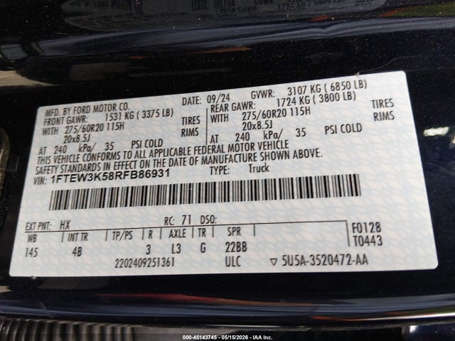 Aukcja sprzedaży 2024 Ford F-150 Xlt, vin: 1FTEW3K58RFB86931, numer aukcji: 45143745