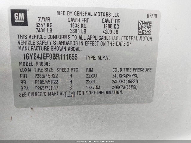 Aukcja sprzedaży 2011 Cadillac Escalade Esv Premium, vin: 1GYS4JEF9BR111655, numer aukcji: 45143751