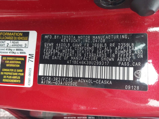 Продажа на аукционе авто 2009 Toyota Camry Se, vin: 4T1BE46K39U299317, номер лота: 45143755
