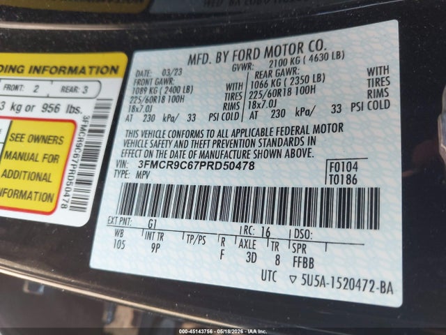 45143756 :رقم المزاد ، 3FMCR9C67PRD50478 vin ، 2023 Ford Bronco Sport Outer Banks مزاد بيع