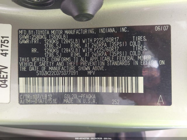 Aukcja sprzedaży 2007 Toyota Sienna Xle Limited, vin: 5TDZK22C07S077091, numer aukcji: 45143758