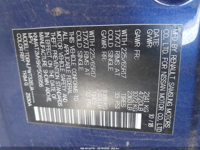 Aukcja sprzedaży 2019 Nissan Rogue S, vin: KNMAT2MV6KP506956, numer aukcji: 45143761