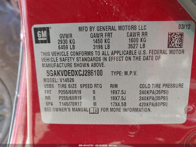 Auction sale of the 2012 Buick Enclave Premium, vin: 5GAKVDEDXCJ286100, lot number: 45143763