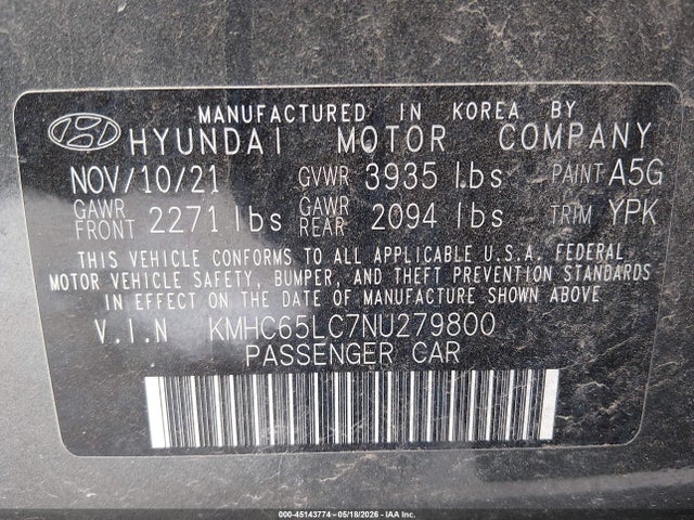 45143774 :رقم المزاد ، KMHC65LC7NU279800 vin ، 2022 Hyundai Ioniq Hybrid Blue مزاد بيع