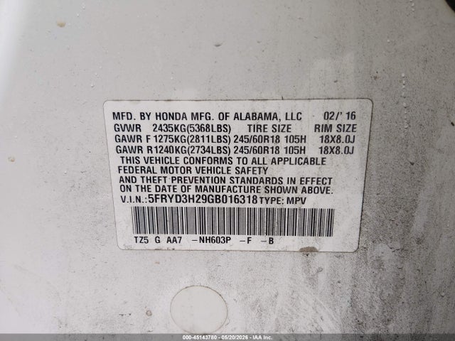Продаж на аукціоні авто 2016 Acura Mdx Acurawatch Plus Package, vin: 5FRYD3H29GB016318, номер лоту: 45143780