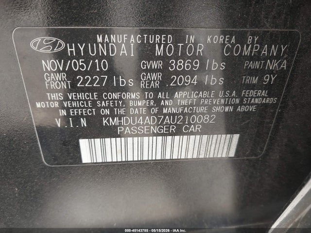 45143785 :رقم المزاد ، KMHDU4AD7AU210082 vin ، 2010 Hyundai Elantra Gls مزاد بيع