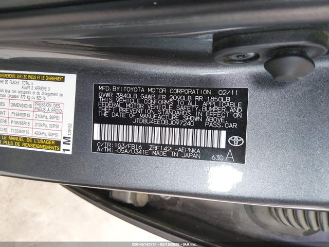 45143791 :رقم المزاد ، JTDBU4EE0BJ097240 vin ، 2011 Toyota Corolla Le مزاد بيع