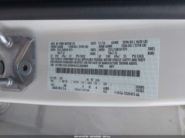 Aukcja sprzedaży 2017 Ford Escape Titanium, vin: 1FMCU0JD9HUC22085, numer aukcji: 45143794