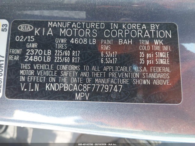 Aukcja sprzedaży 2015 Kia Sportage Lx, vin: KNDPBCAC8F7779747, numer aukcji: 45143795