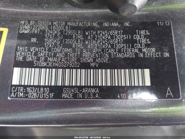 Auction sale of the 2013 Toyota Highlander Se V6, vin: 5TDBK3EH4DS279202, lot number: 45143796
