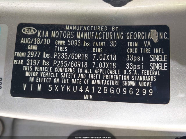 Продаж на аукціоні авто 2011 Kia Sorento Ex, vin: 5XYKU4A12BG096299, номер лоту: 45143805