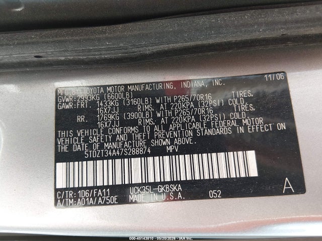 45143810 :رقم المزاد ، 5TDZT34A47S288874 vin ، 2007 Toyota Sequoia Sr5 V8 مزاد بيع