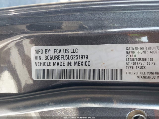 Продаж на аукціоні авто 2020 Ram 2500 Laramie  4x4 6'4 Box, vin: 3C6UR5FL5LG251979, номер лоту: 45143816
