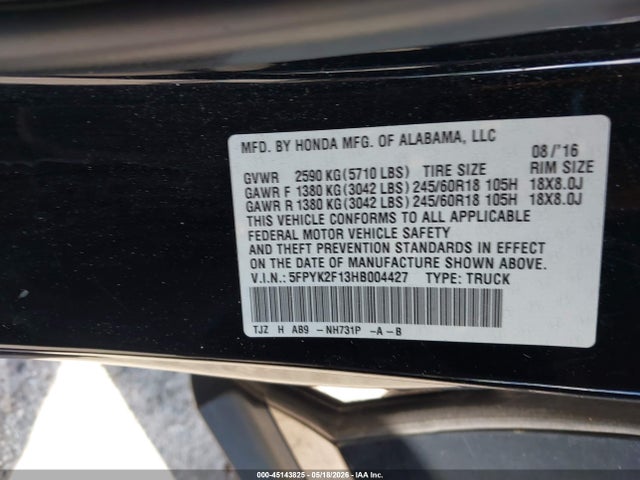 2017 Honda Ridgeline Sport მანქანა იყიდება აუქციონზე, vin: 5FPYK2F13HB004427, აუქციონის ნომერი: 45143825