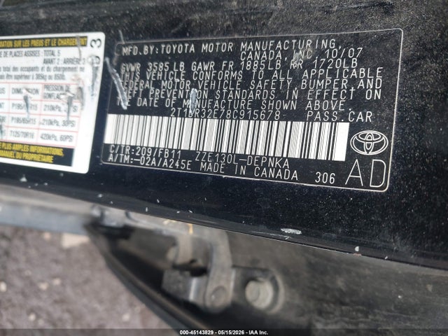Продаж на аукціоні авто 2008 Toyota Corolla Le, vin: 2T1BR32E78C915678, номер лоту: 45143829