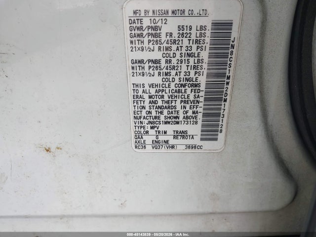 Продажа на аукционе авто 2013 Infiniti Fx37 Limited Edition, vin: JN8CS1MW2DM173128, номер лота: 45143839
