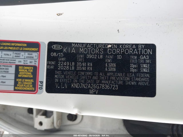 Aukcja sprzedaży 2016 Kia Soul, vin: KNDJN2A26G7836723, numer aukcji: 45143842