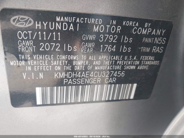 2012 Hyundai Elantra Gls (ulsan Plant) მანქანა იყიდება აუქციონზე, vin: KMHDH4AE4CU327456, აუქციონის ნომერი: 45143853