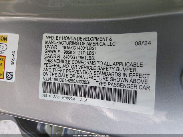 Aukcja sprzedaży 2025 Acura Integra, vin: 19UDE4H28SA003856, numer aukcji: 45143856