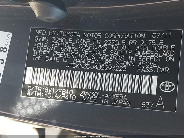 Aukcja sprzedaży 2011 Toyota Prius Three, vin: JTDKN3DU4B5293223, numer aukcji: 45143861